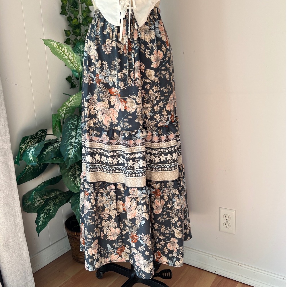 Sienna Sky Maxi Skirt Blue Floral Tiered Boho Ruffle Patchwork Layered Small